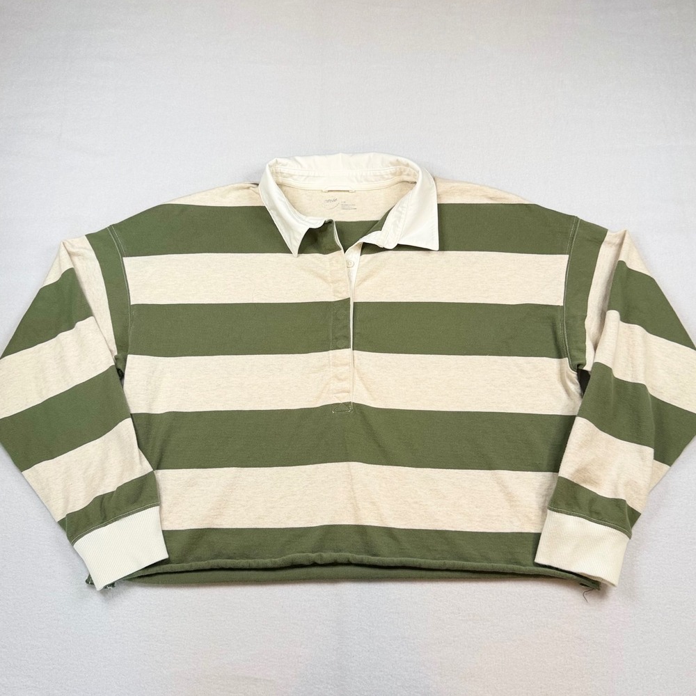 Aerie Women Green Cream Striped Long Sleeve Rugby Polo Shirt Size Large